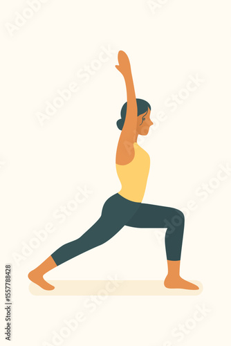 Woman in high lunge with raised arm, enhancing balance and strength during pilates and yoga standing routine