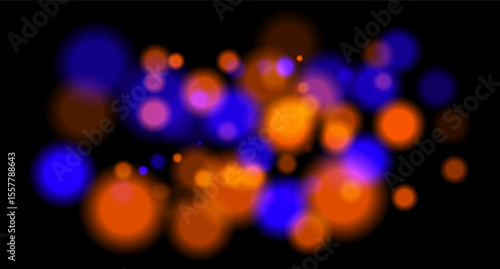 Multicolor blurred circles on dark backdrop. Bright glowing particles form warm atmospheric visual effect.