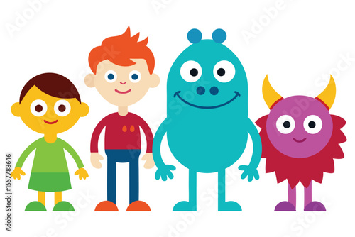 Fantasy icon set with friendly monsters and creatures colorful Vector illustration