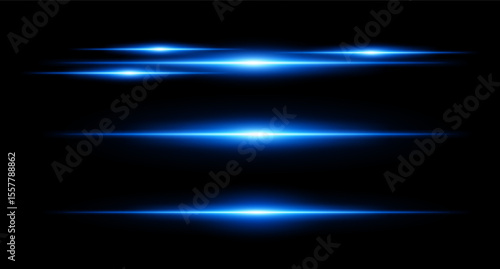 Horizontal blue flare beams in stacked layout on dark background with smooth gradients and glow effect. Sci-fi or HUD visual element.