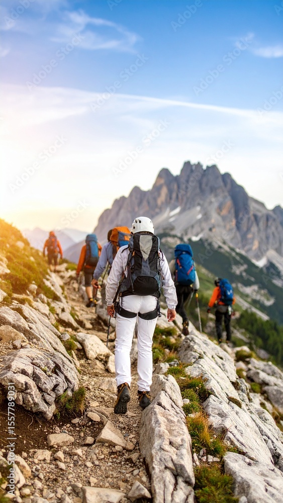Hiking Group Ascending Mountain Trail at Sunrise. Hiking Group Ascending Mountain Trail at Sunrise.