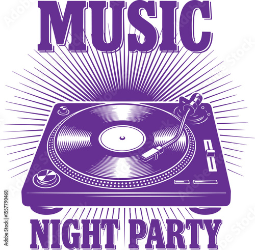 Music night party with retro turntable vector illustration in purple theme