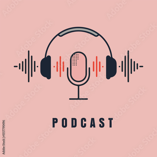 Podcast concept design microphone headphones and sound waves on light pink background