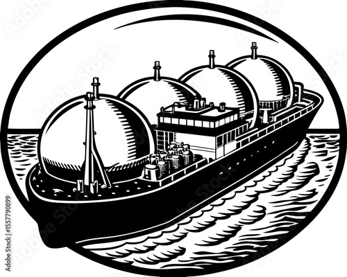 Black and white illustration of a liquefied natural gas carrier ship with spherical tanks sailing on the ocean