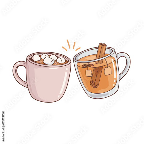 Illustration of two mugs one with hot chocolate and marshmallows and the other with spiced cider