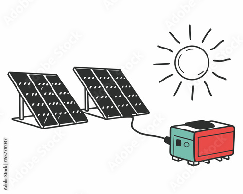 Solar panels generating energy with the sun and a generator powering clean sustainable electricity