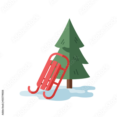 A red sled leaning against a green christmas tree in the snow ready for winter holiday fun times
