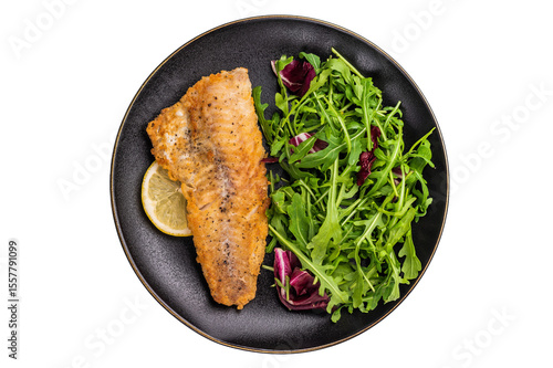 Photography Roasted Haddock fish fillet on a plate with salad isolated on white background