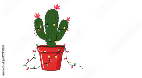 Illustration of a christmas cactus in a red pot with pink flowers and christmas lights wrapped around it