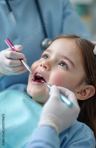 Young girl receiving dental treatment. Dentist uses instruments, checks teeth in modern clinic. Healthcare for children. Pediatric dentistry visit, dental checkup. Preventative care promotes good © Viktor