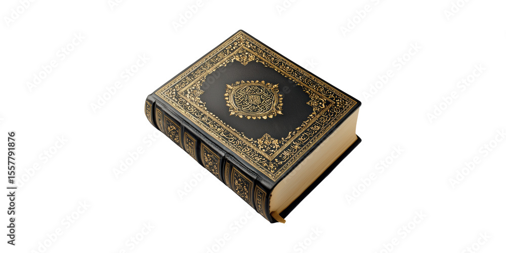 Fototapeta premium Luxurious Leather-Bound Book With Ornate Gold Detailing. Symbol Of Knowledge And Tradition Isolated On Transparent Background