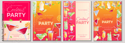 A set of design templates for cocktail party invitations. Mojito cocktail, tequila sunrise, old fashion, Manhattan, pina colada, margarita, mai tai, cosmopolitan. Vector illustration in A4 format