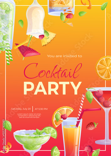 Cocktail party invitation design template. Mojito cocktail, tequila sunrise, old fashion, Manhattan, pina colada, margarita. The concept of a party, holiday, birthday. Vector illustration in A4 format
