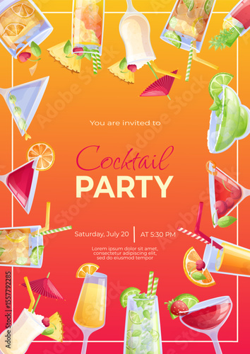 Cocktail party invitation design template . Mojito cocktail, tequila sunrise, old fashion, Manhattan, pina colada, margarita, mai tai, cosmopolitan. Vector illustration in A4 format