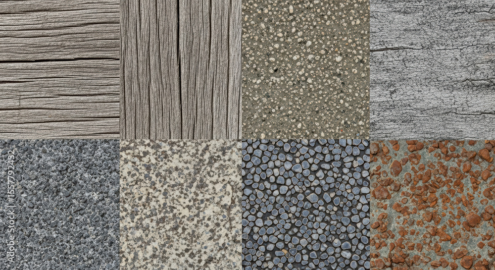 Fototapeta premium A collection of eight diverse natural textures (wood, stone, concrete, rust), creating a varied background collage.