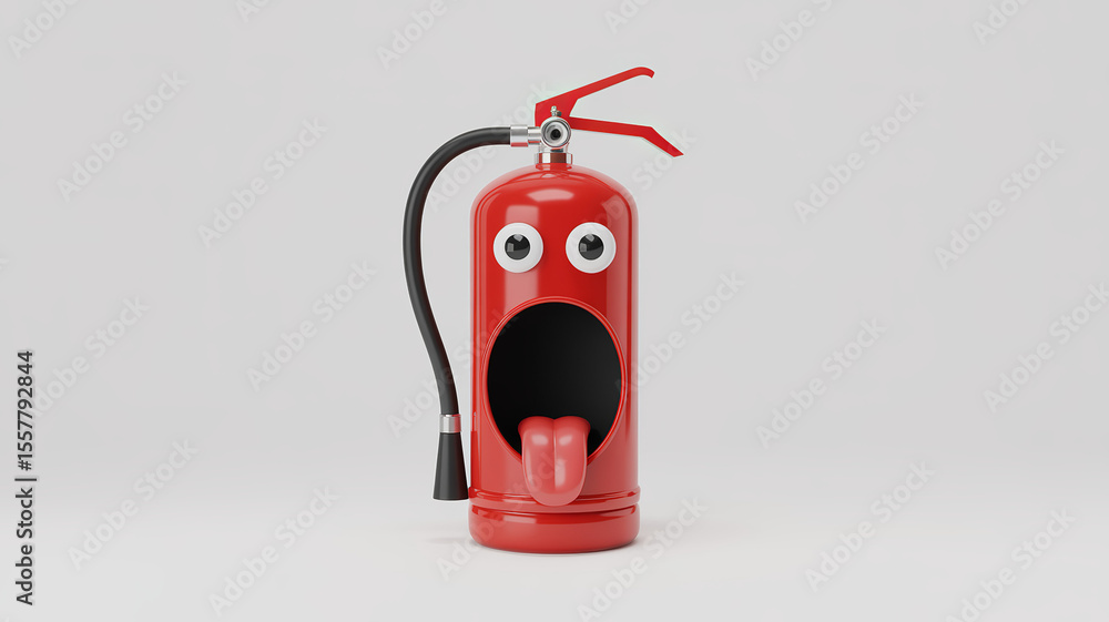 Fototapeta premium Fire Extinguisher's Shock: A fire extinguisher, personified with a surprised expression, stands out. A creative concept for fire safety and emergency response.