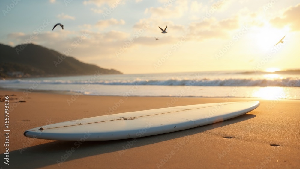 Surfboard on a sandy beach during sunset with calm waves and golden light. Surfboard on a sandy beach during sunset with calm waves and golden light.