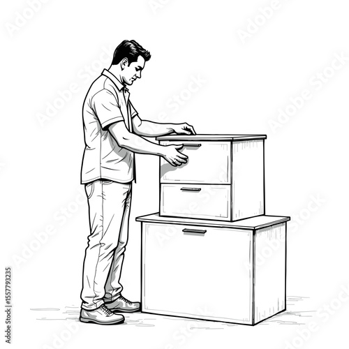 Man organizing drawers while standing next to a cabinet  