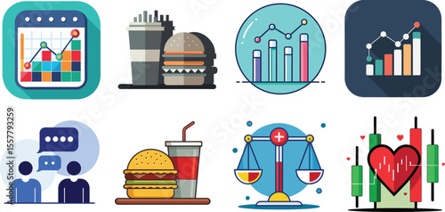 Vector art of various colorful vector icons isolated on white background depict business, food, health, and finance