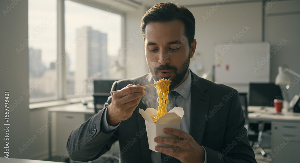 Man eating takeout noodles during a lunch break in office Man eating takeout noodles during a lunch break in office