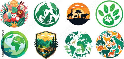 Vector art of various vector icons depicting animals, nature, and environmental themes isolated on white background