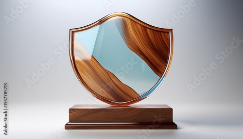 3d illustration for a luxurious modern trophy award shield mockup design mix between wood and frosted glass isolated on a white background