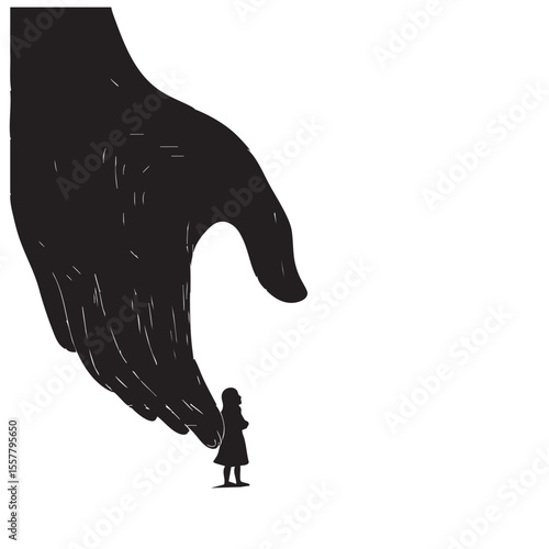 Child silhouette under protective hand concept art
