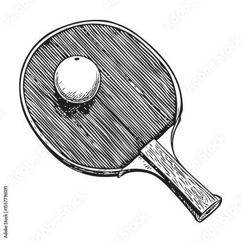 Ping pong sport equipment, paddle and ball drawing