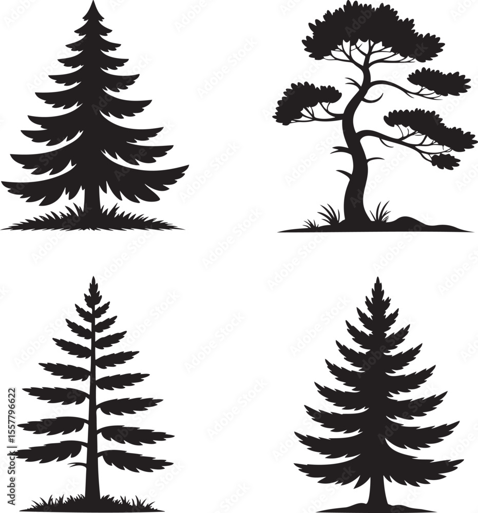 Naklejka premium Set of Pino tree silhouette vector illustration isolated On Transparent Background 