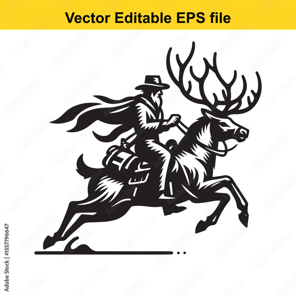 Fototapeta premium Vintage Santa Claus Riding Reindeer Through Forest Engraving Vector Illustration for Christmas Season Joy and Festive Celebration