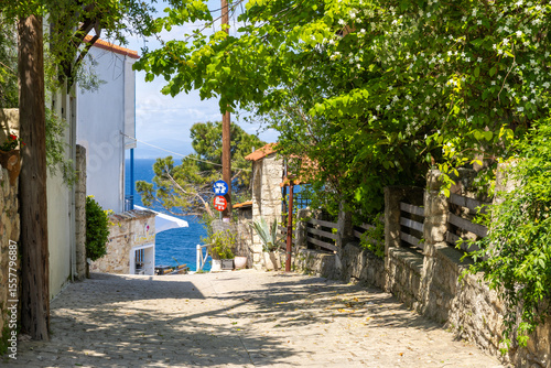 Fototapeta Naklejka Na Ścianę i Meble -  Winding alley with sea view in Afitos, Chalkidiki