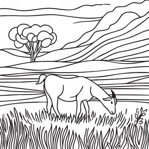 Goat grazing line art farm landscape simple design