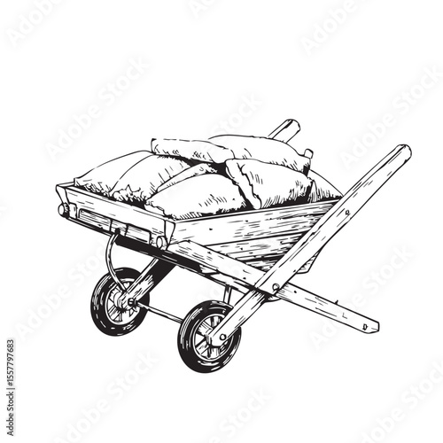 Wheeled cart with bags monochrome pen drawing