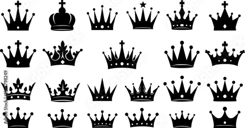 collection of royal crowns, various designs, black silhouettes, simple illustration