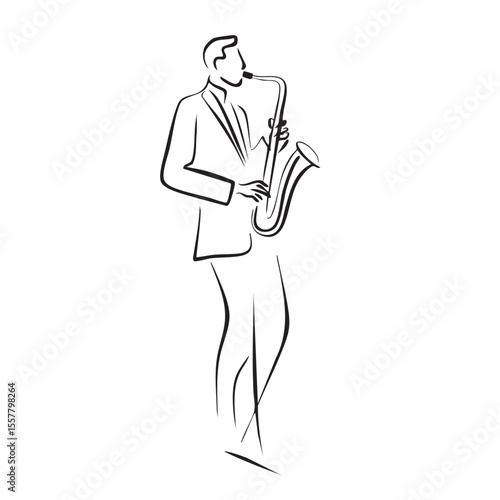 Musician plays saxophone line art vector drawing