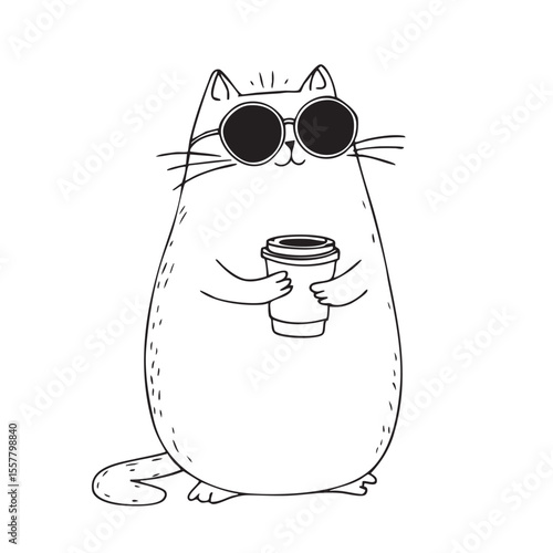 Cat with sunglasses drinks coffee concept design