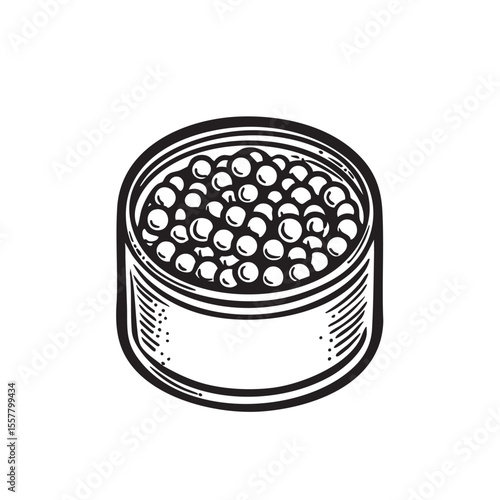 Open can of caviar in black and simple style