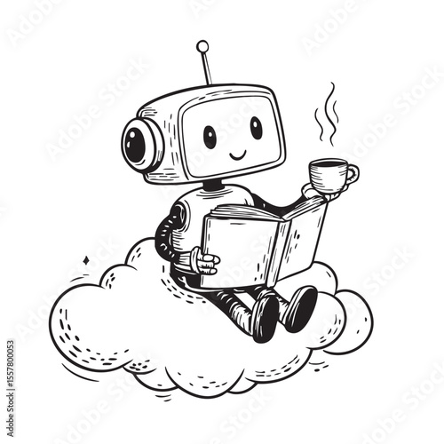 Robot reading book on cloud with coffee concept
