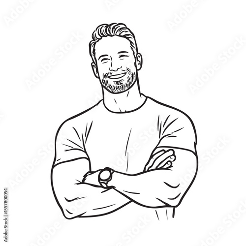 Man line art portrait with folded arms and happy expression