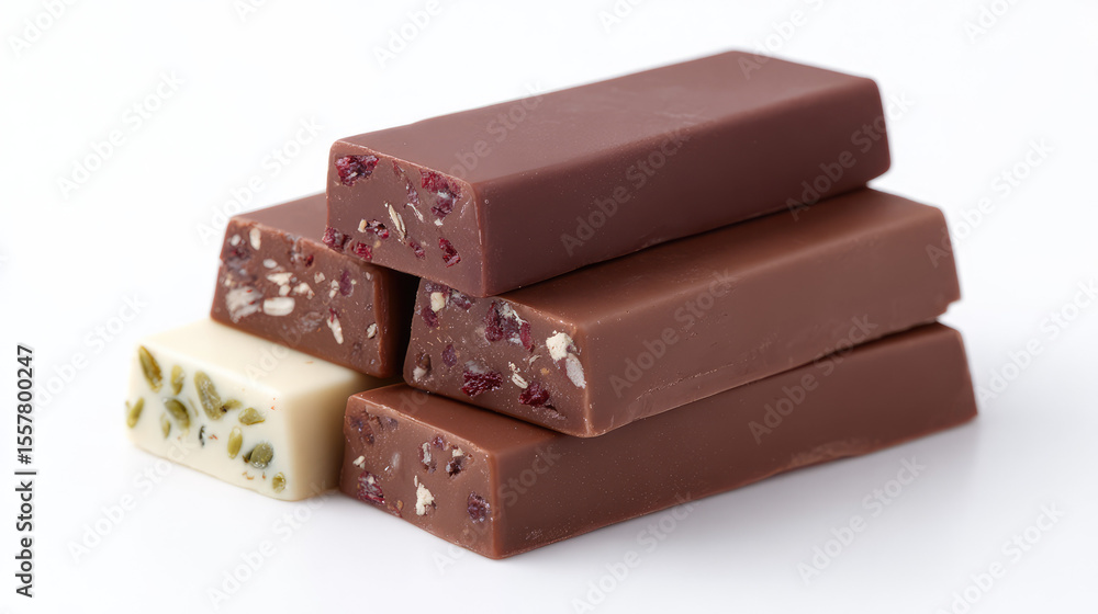 Fototapeta premium stacked rectangular chocolate bars with nuts and fruit scattered inside. Gourmet chocolate, sweet indulgence