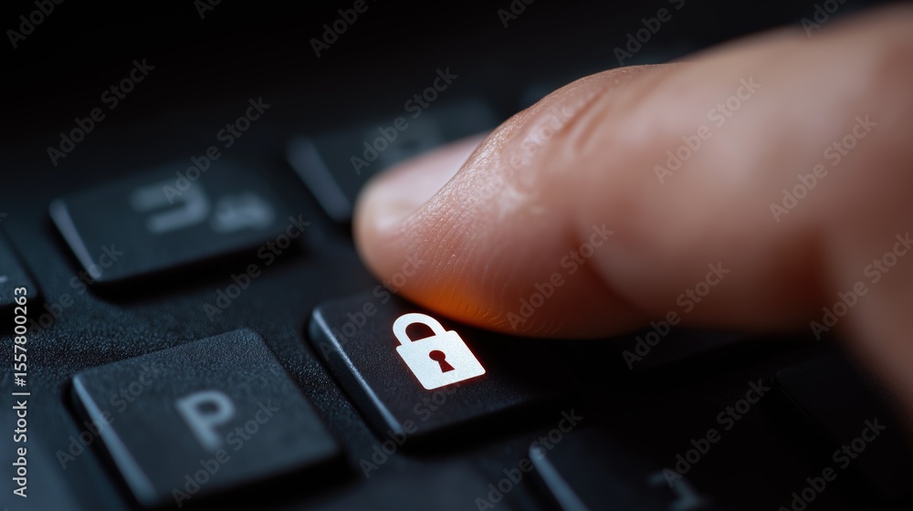 Obraz premium A close-up of a person's finger pressing a security lock symbol key on a dark computer keyboard for protection.