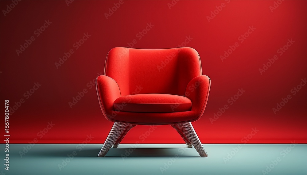 Obraz premium 3d rendering of a red chair the chair is standing upright on a plain red background it has a simple design with a curved backrest and armrests and four legs that are slightly tapered at the bottom