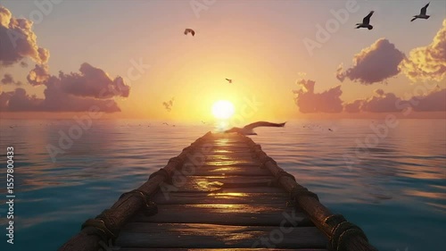Serene sunset over calm ocean, wooden pier extending towards vibrant sun