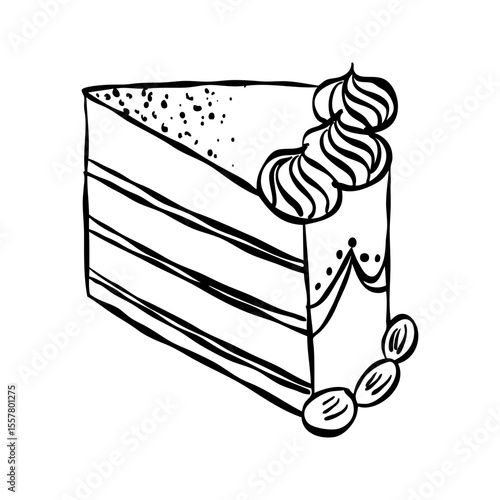 Whimsical cake slice. Vintage style minimalist outline ink elegant element. Trendy coquette line food. Hand drawn scribble isolated vector illustration. Old party birthday anniversary, wedding design