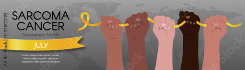 Illustration of diverse hands holding a yellow ribbon for Sarcoma Cancer Awareness Month, celebrated in July, with global unity theme