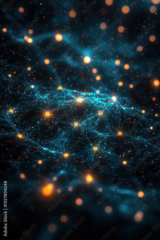 Visualization of a digital network with glowing points and connections on dark background Visualization of a digital network with glowing points and connections on dark background