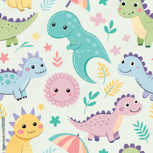 A seamless pattern of friendly, cartoon-style dinosaurs in soft, pastel colors.