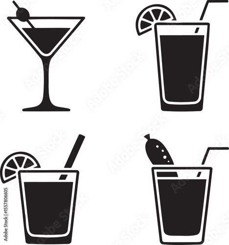  Set of Alcoholic cocktails silhouette vector illustration isolated On Transparent Background 