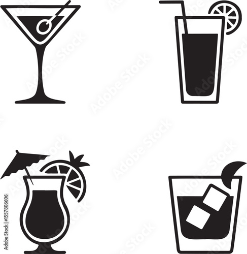 Set of Alcoholic cocktails silhouette vector illustration isolated On Transparent Background 