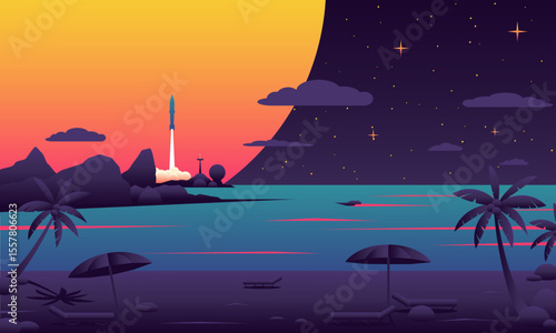Tropical island rocket launch scene at sunset, blending night sky and day horizon. Futuristic flat vector design with palms, stars, and relaxing beach view.